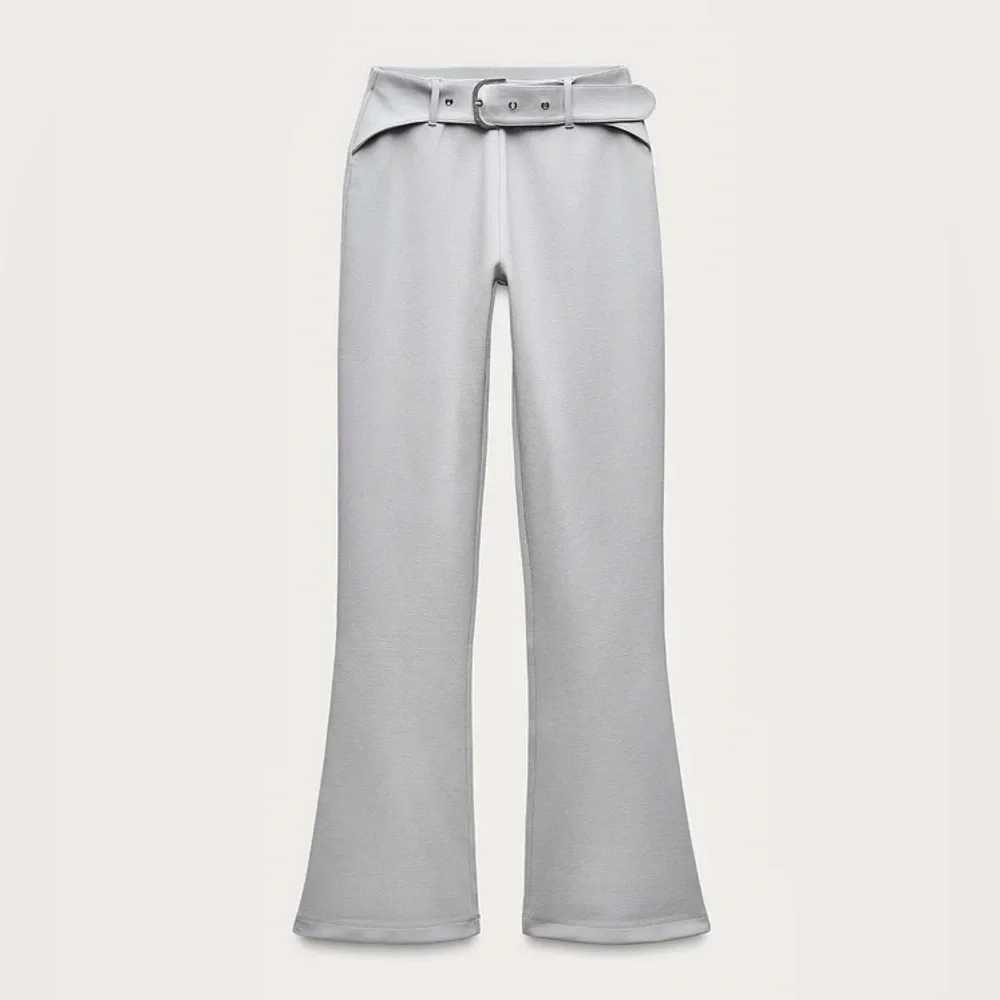 Zara NWT Light gray belted interlock stretchy flare pants, thick material